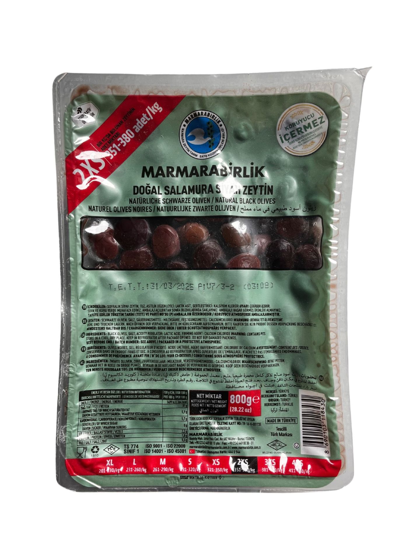 MARMARABİRLİK DOĞAL SALAMURA SİYAH ZEYTİN 800G