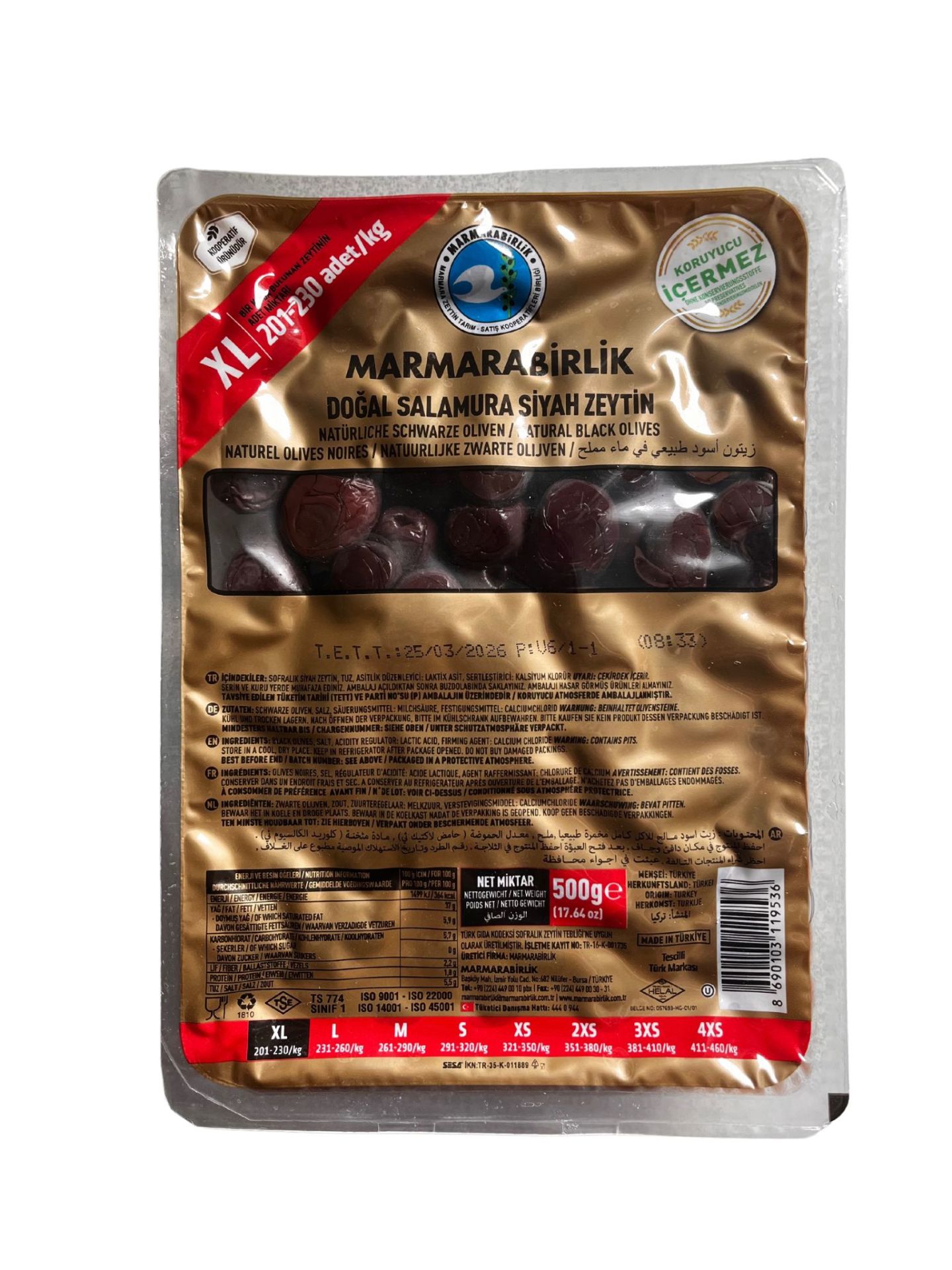 MARMARABİRLİK DOĞAL SALAMURA SİYAH ZEYTİN 500G