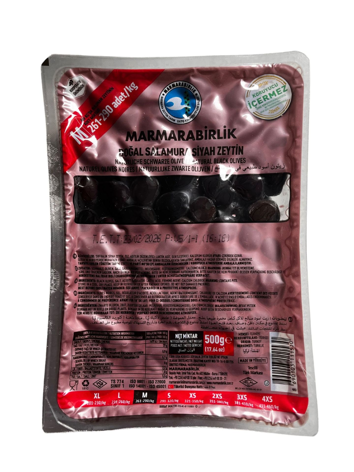MARMARABİRLİK DOĞAL SALAMURA SİYAH ZEYTİN 500G
